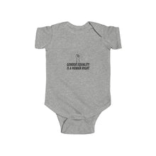 Load image into Gallery viewer, soft cotton bodysuit with the text 'Gender Equality is a Human Right,' promoting gender equality and human rights from an early age