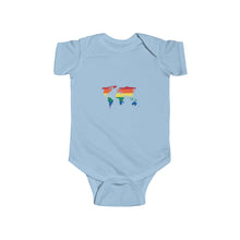 Load image into Gallery viewer, a colorful bodysuit with a vibrant rainbow design and the text 'Rainbow World,' symbolizing inclusivity, love, and diversity.