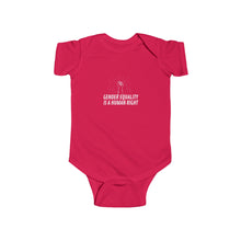 Load image into Gallery viewer, soft cotton bodysuit with the text 'Gender Equality is a Human Right,' promoting gender equality and human rights from an early age