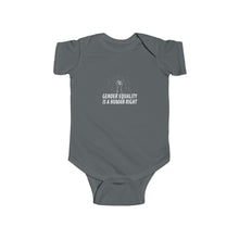 Load image into Gallery viewer, soft cotton bodysuit with the text 'Gender Equality is a Human Right,' promoting gender equality and human rights from an early age