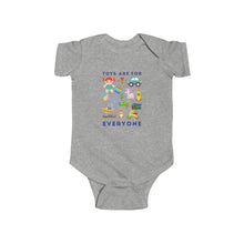 Load image into Gallery viewer, soft cotton bodysuit with the text 'Toys Are For Everyone,' promoting inclusivity and challenging gender stereotypes in play