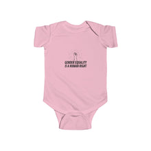 Load image into Gallery viewer, soft cotton bodysuit with the text 'Gender Equality is a Human Right,' promoting gender equality and human rights from an early age