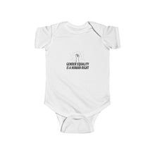 Load image into Gallery viewer, soft cotton bodysuit with the text 'Gender Equality is a Human Right,' promoting gender equality and human rights from an early age
