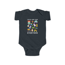 Load image into Gallery viewer, soft cotton bodysuit with the text 'Toys Are For Everyone,' promoting inclusivity and challenging gender stereotypes in play