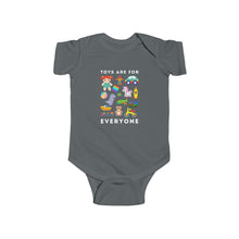 Load image into Gallery viewer, soft cotton bodysuit with the text 'Toys Are For Everyone,' promoting inclusivity and challenging gender stereotypes in play