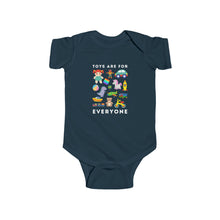 Load image into Gallery viewer, soft cotton bodysuit with the text 'Toys Are For Everyone,' promoting inclusivity and challenging gender stereotypes in play