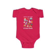 Load image into Gallery viewer, soft cotton bodysuit with the text 'Toys Are For Everyone,' promoting inclusivity and challenging gender stereotypes in play