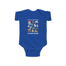 Load image into Gallery viewer, soft cotton bodysuit with the text 'Toys Are For Everyone,' promoting inclusivity and challenging gender stereotypes in play