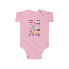 Load image into Gallery viewer, soft cotton bodysuit with the text 'Toys Are For Everyone,' promoting inclusivity and challenging gender stereotypes in play