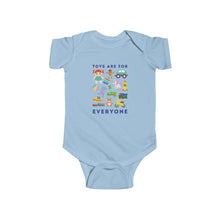 Load image into Gallery viewer, soft cotton bodysuit with the text 'Toys Are For Everyone,' promoting inclusivity and challenging gender stereotypes in play