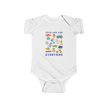 Load image into Gallery viewer, soft cotton bodysuit with the text 'Toys Are For Everyone,' promoting inclusivity and challenging gender stereotypes in play