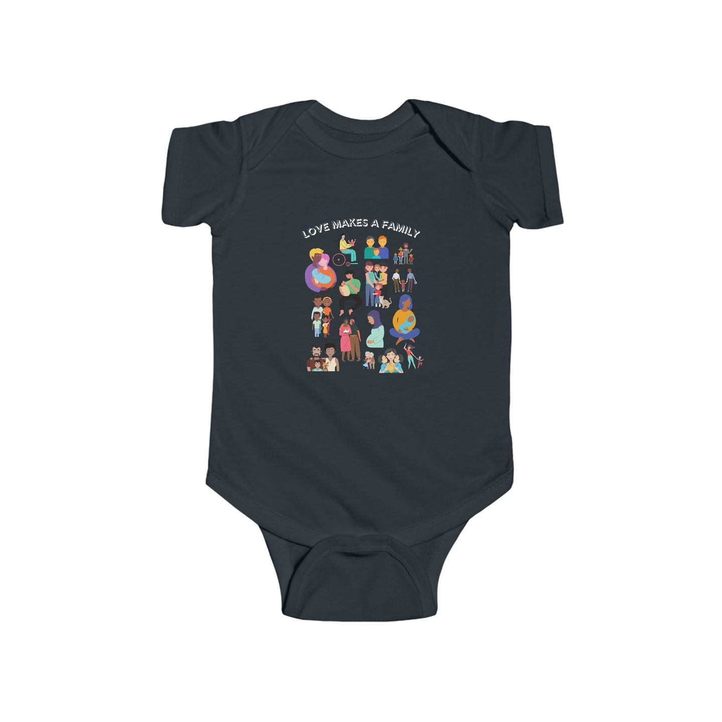 soft cotton bodysuit with the text 'Love Makes a Family,' celebrating diverse families and promoting love, acceptance, and inclusivity.