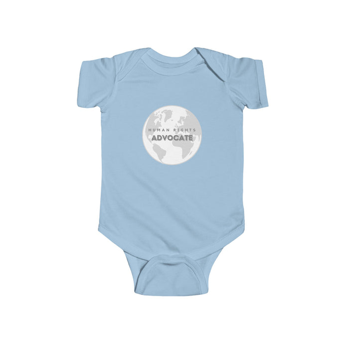 infant wearing a soft cotton bodysuit with the bold text 'Human Rights Advocate,' promoting equality and justice, surrounded by a cozy and nurturing environment.