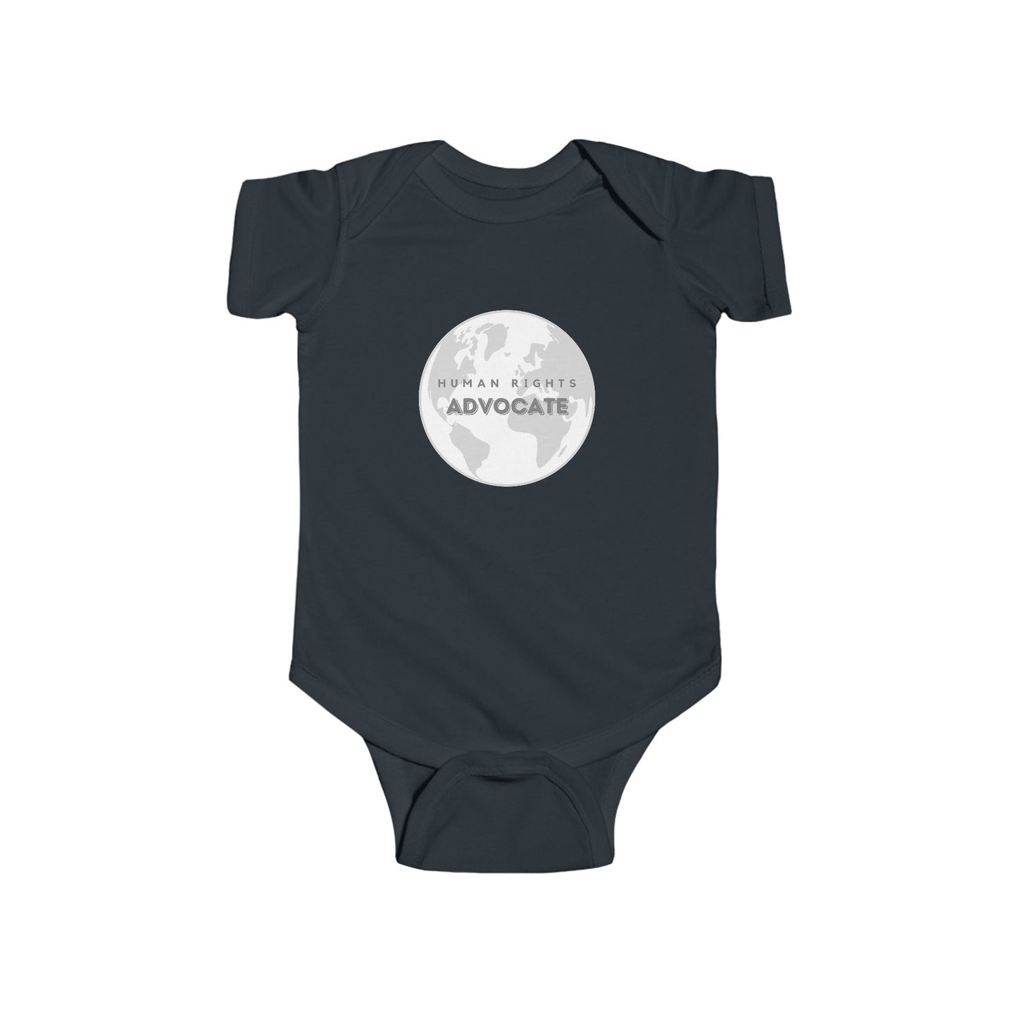 infant wearing a soft cotton bodysuit with the bold text 'Human Rights Advocate,' promoting equality and justice, surrounded by a cozy and nurturing environment.