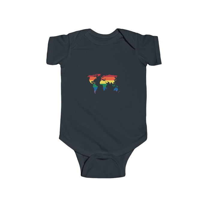 a colorful bodysuit with a vibrant rainbow design and the text 'Rainbow World,' symbolizing inclusivity, love, and diversity.