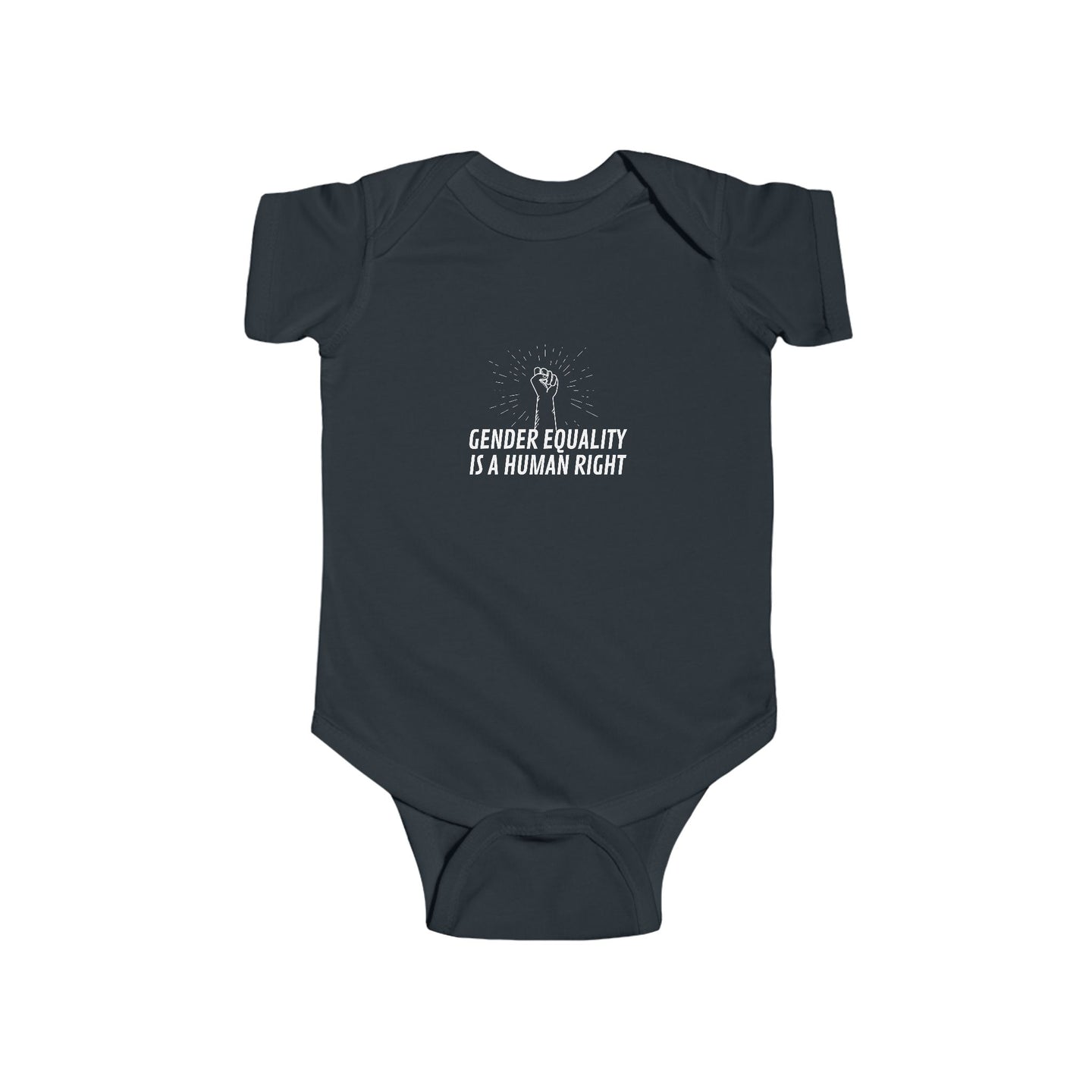 soft cotton bodysuit with the text 'Gender Equality is a Human Right,' promoting gender equality and human rights from an early age