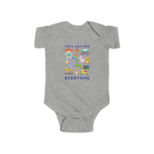 Load image into Gallery viewer, soft cotton bodysuit with the text &#39;Toys Are For Everyone,&#39; promoting inclusivity and challenging gender stereotypes in play
