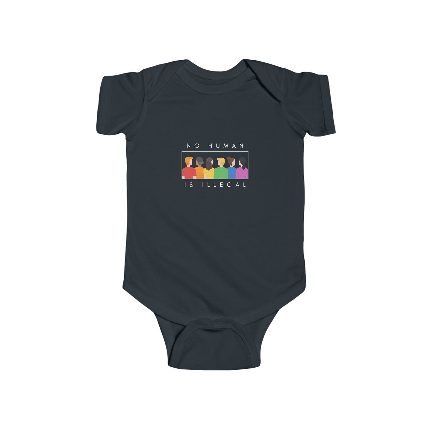 cotton bodysuit with the text 'No Human is Illegal,' advocating for immigrant rights and promoting equality for all