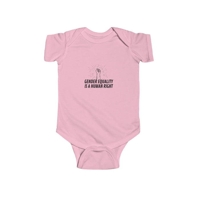 soft cotton bodysuit with the text 'Gender Equality is a Human Right,' promoting gender equality and human rights from an early age