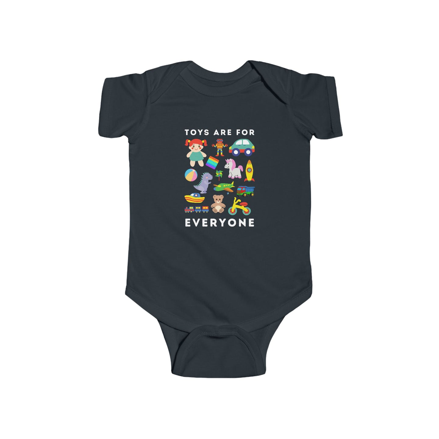 soft cotton bodysuit with the text 'Toys Are For Everyone,' promoting inclusivity and challenging gender stereotypes in play