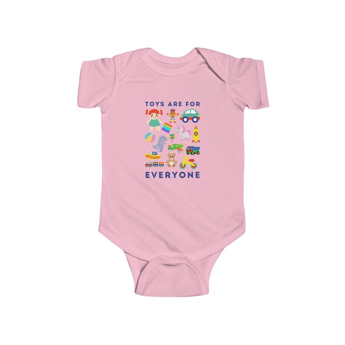 soft cotton bodysuit with the text 'Toys Are For Everyone,' promoting inclusivity and challenging gender stereotypes in play